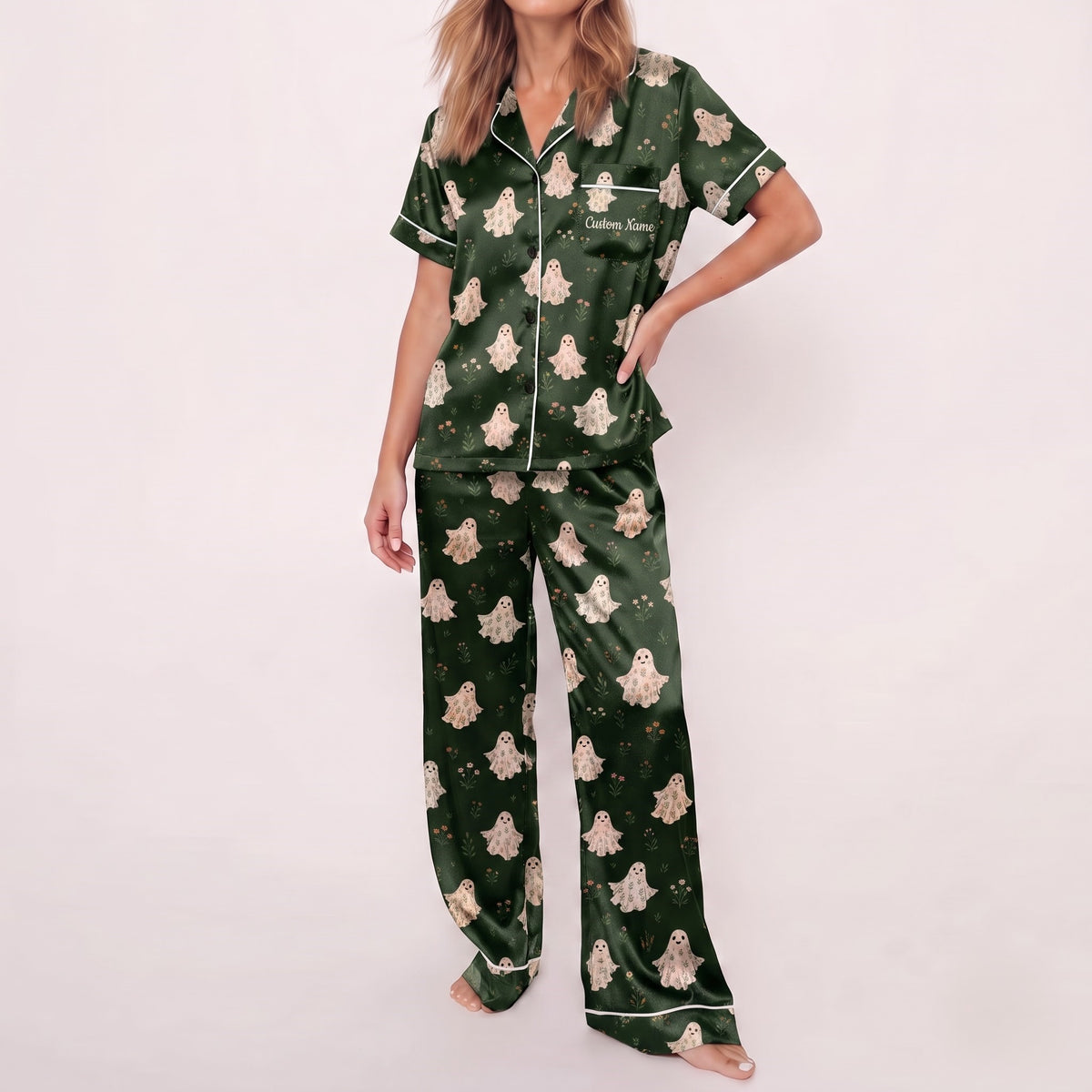 Green Ghost Satin Pajamas Embroidery