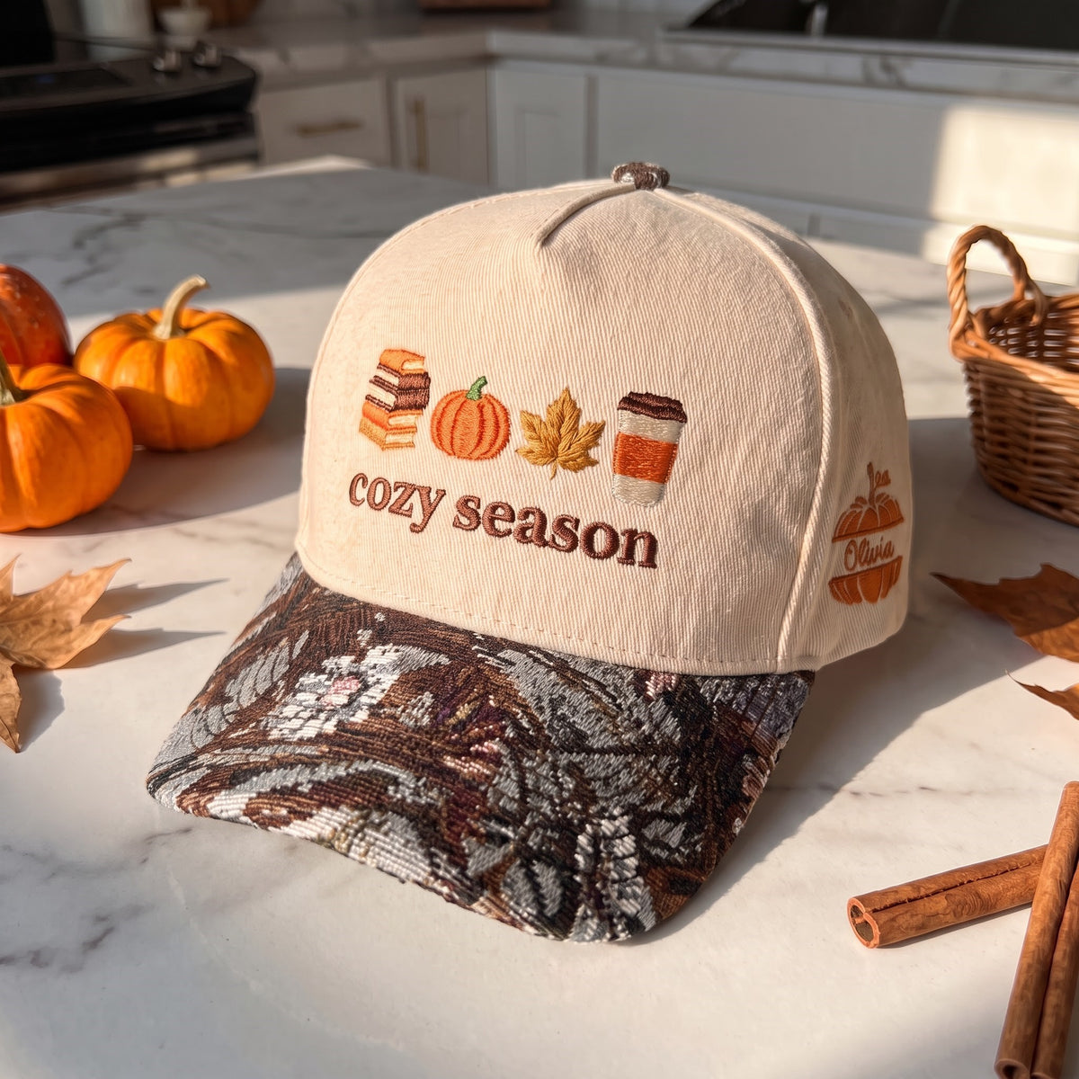 Cozy Season Pumpkin Tapestry Brim Hat
