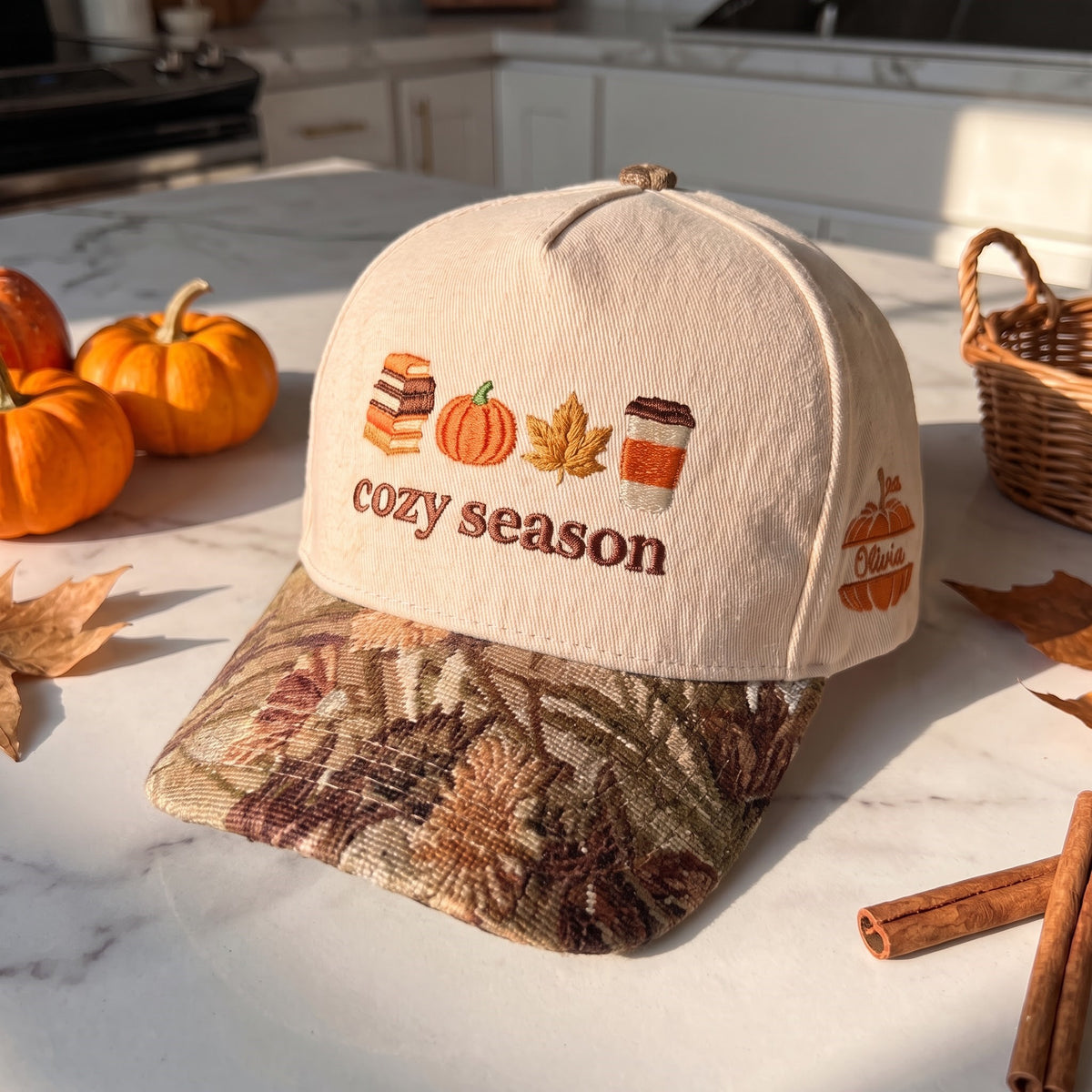 Cozy Season Pumpkin Tapestry Brim Hat