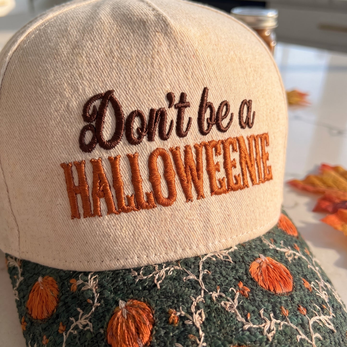Don't Be A Halloweenie Pumpkin Tapestry Brim Hat