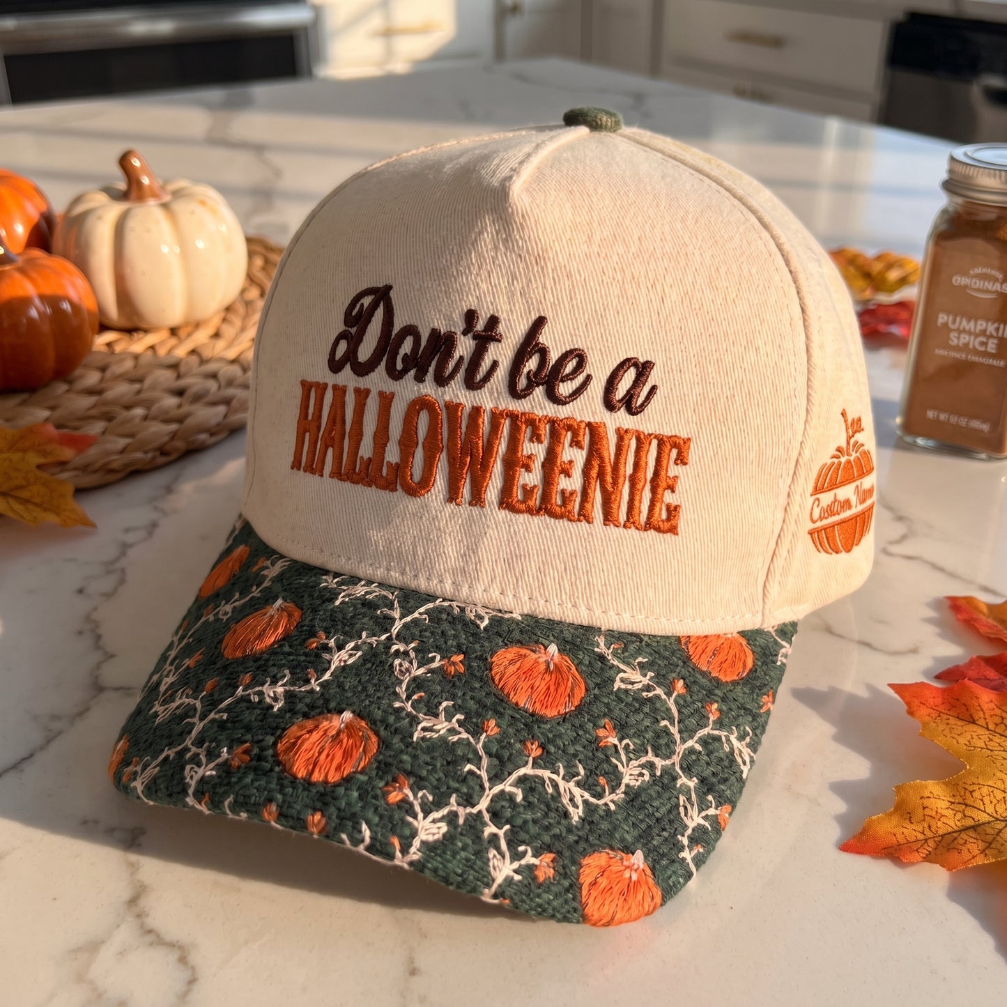 Don't Be A Halloweenie Pumpkin Tapestry Brim Hat