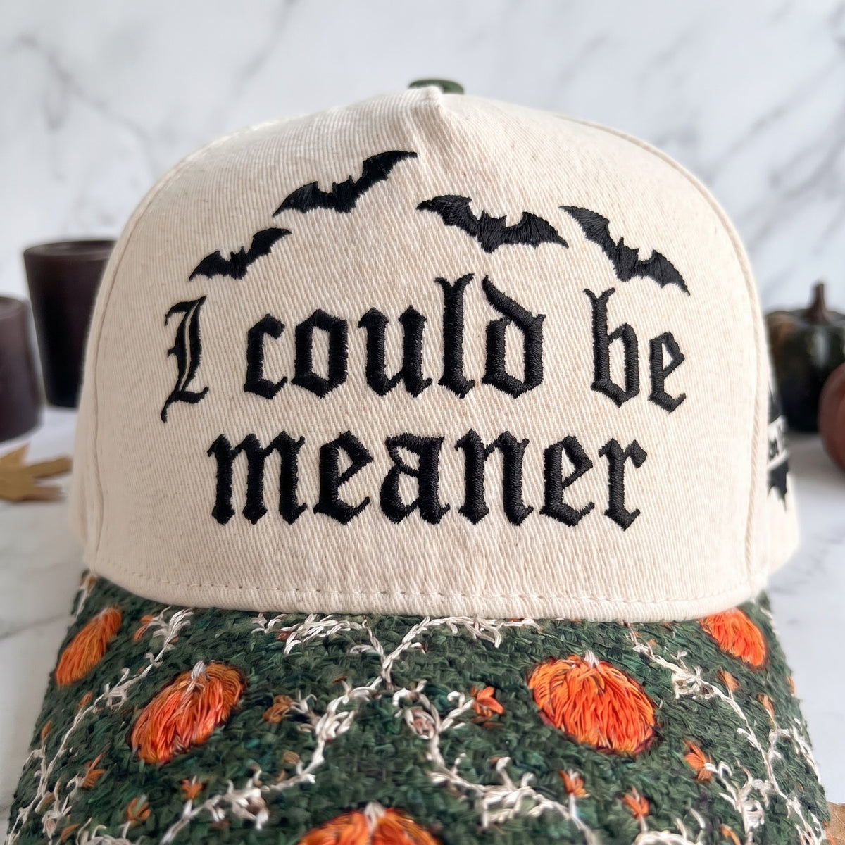 I Could Be Meaner Pumpkin Tapestry Brim Hat