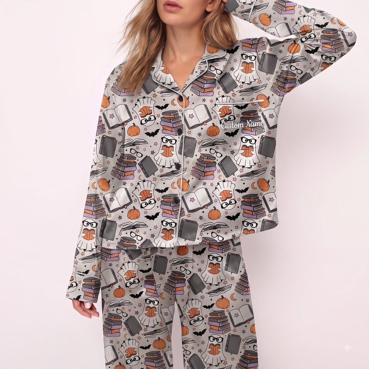 Ghost & Books Satin Pajamas Embroidery