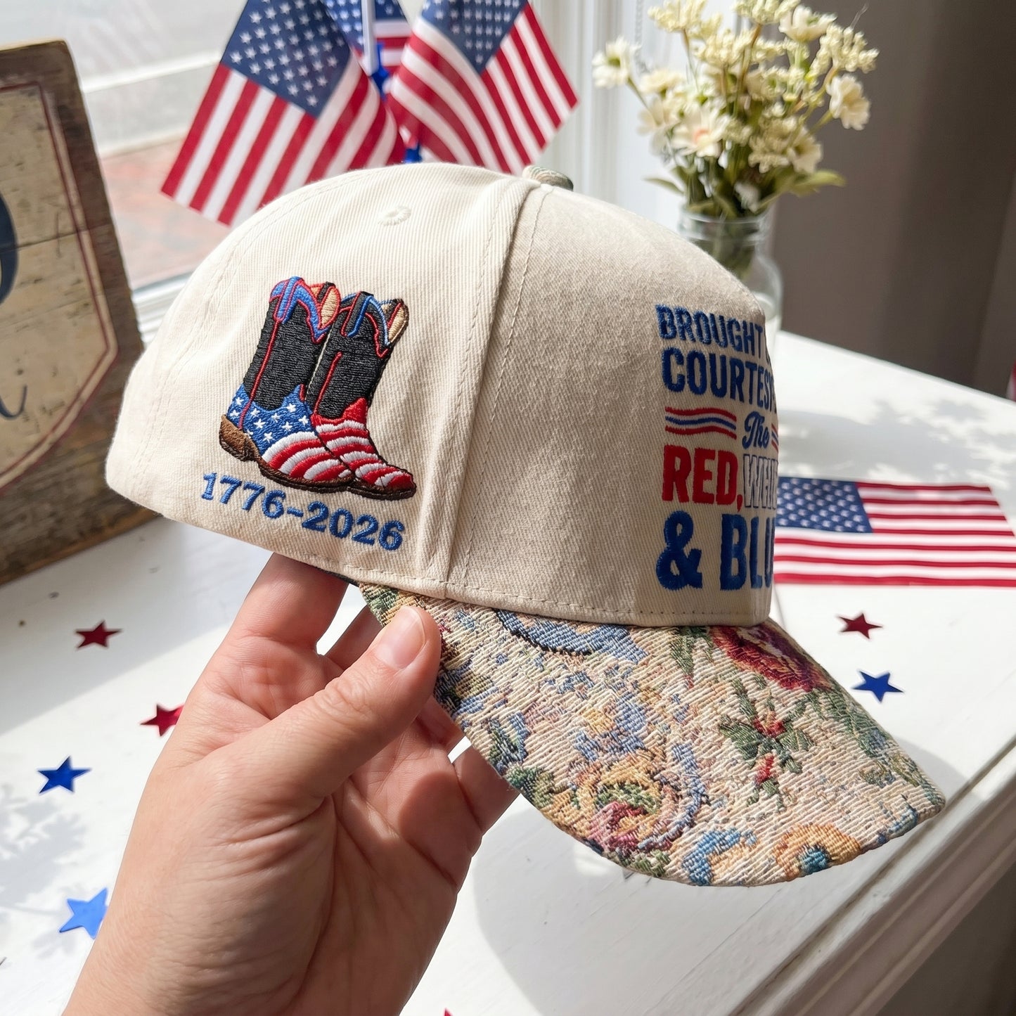 Brought To You Courtesy Of The Red, White and Blue FLoral Hat