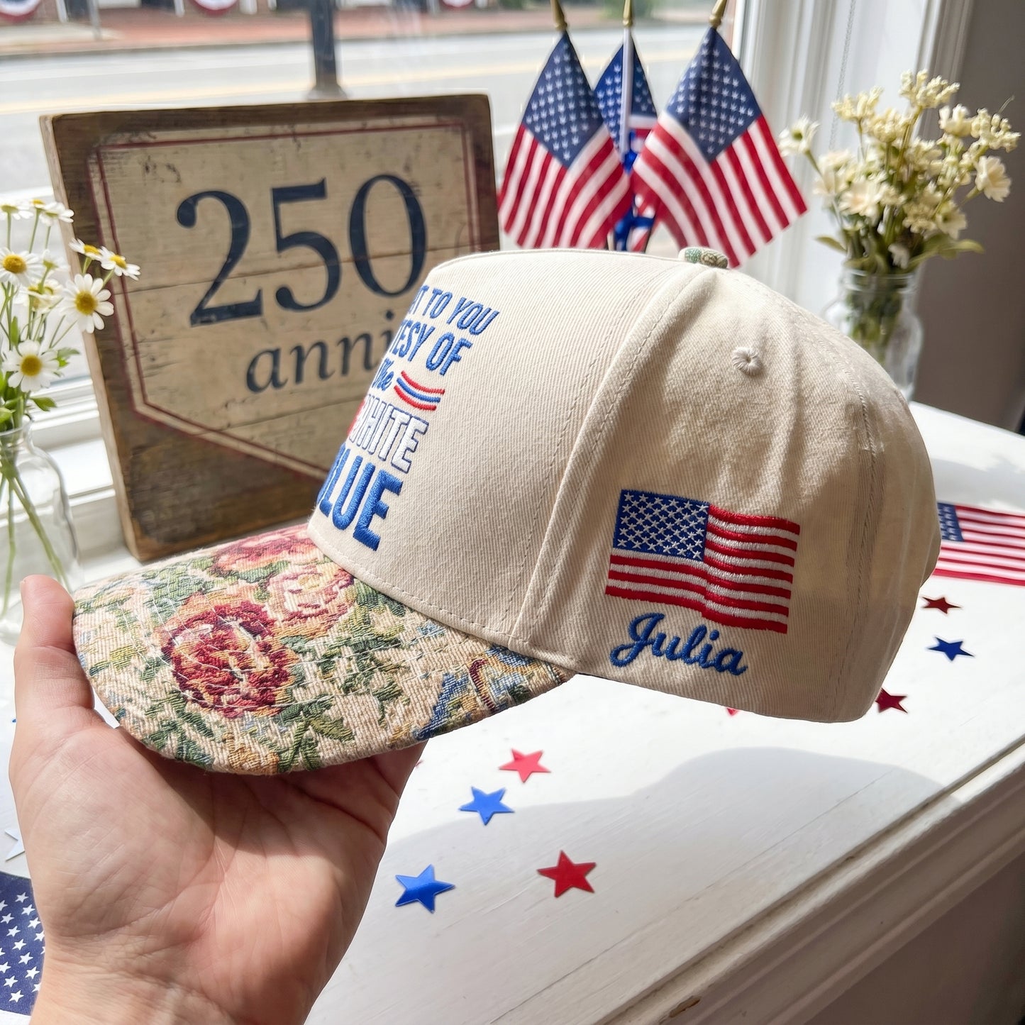 Brought To You Courtesy Of The Red, White and Blue FLoral Hat