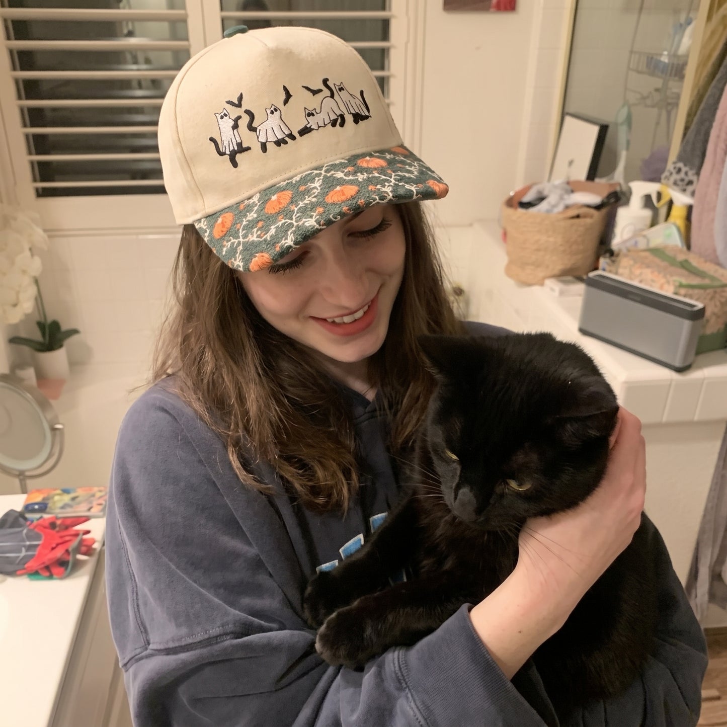 Ghost Black Cat Pumpkin Tapestry Brim Hat