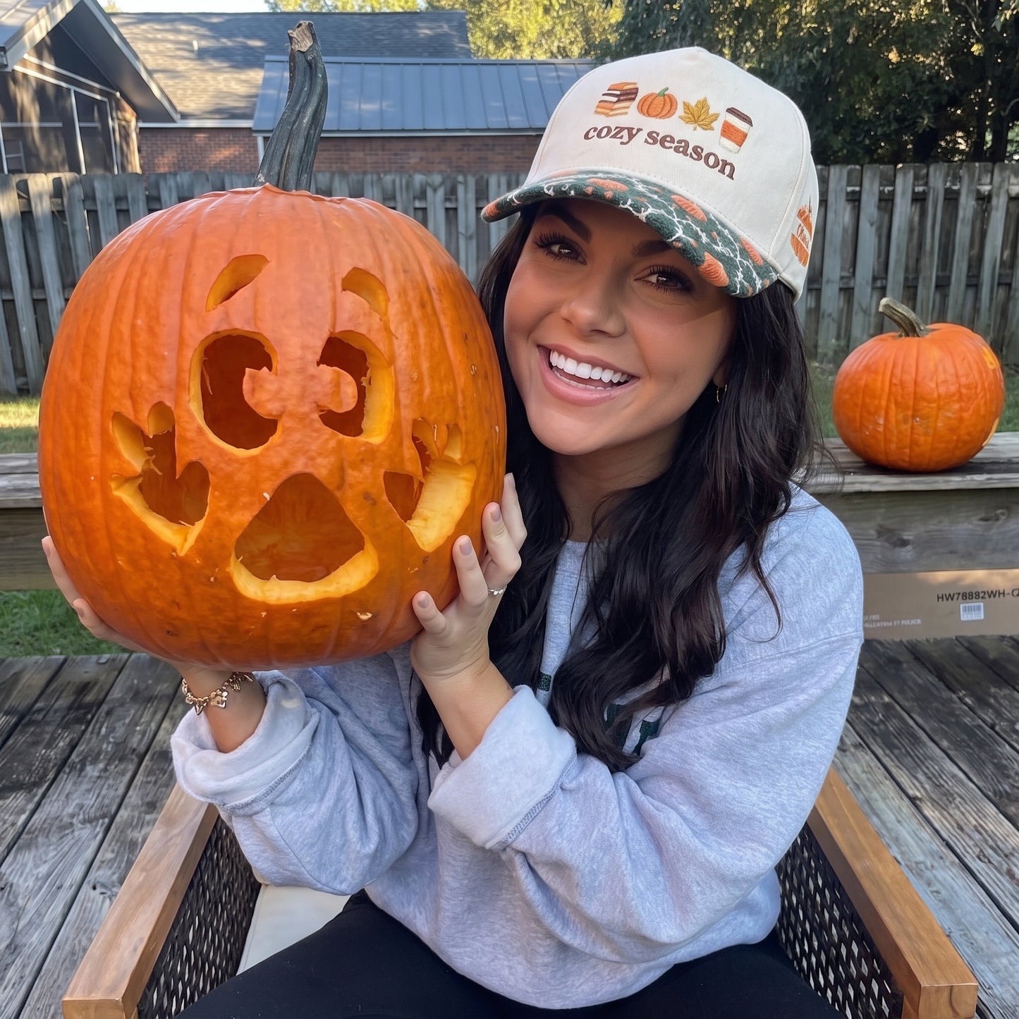 Cozy Season Pumpkin Tapestry Brim Hat
