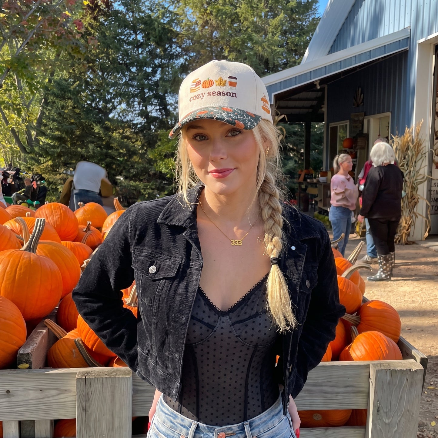 Cozy Season Pumpkin Tapestry Brim Hat