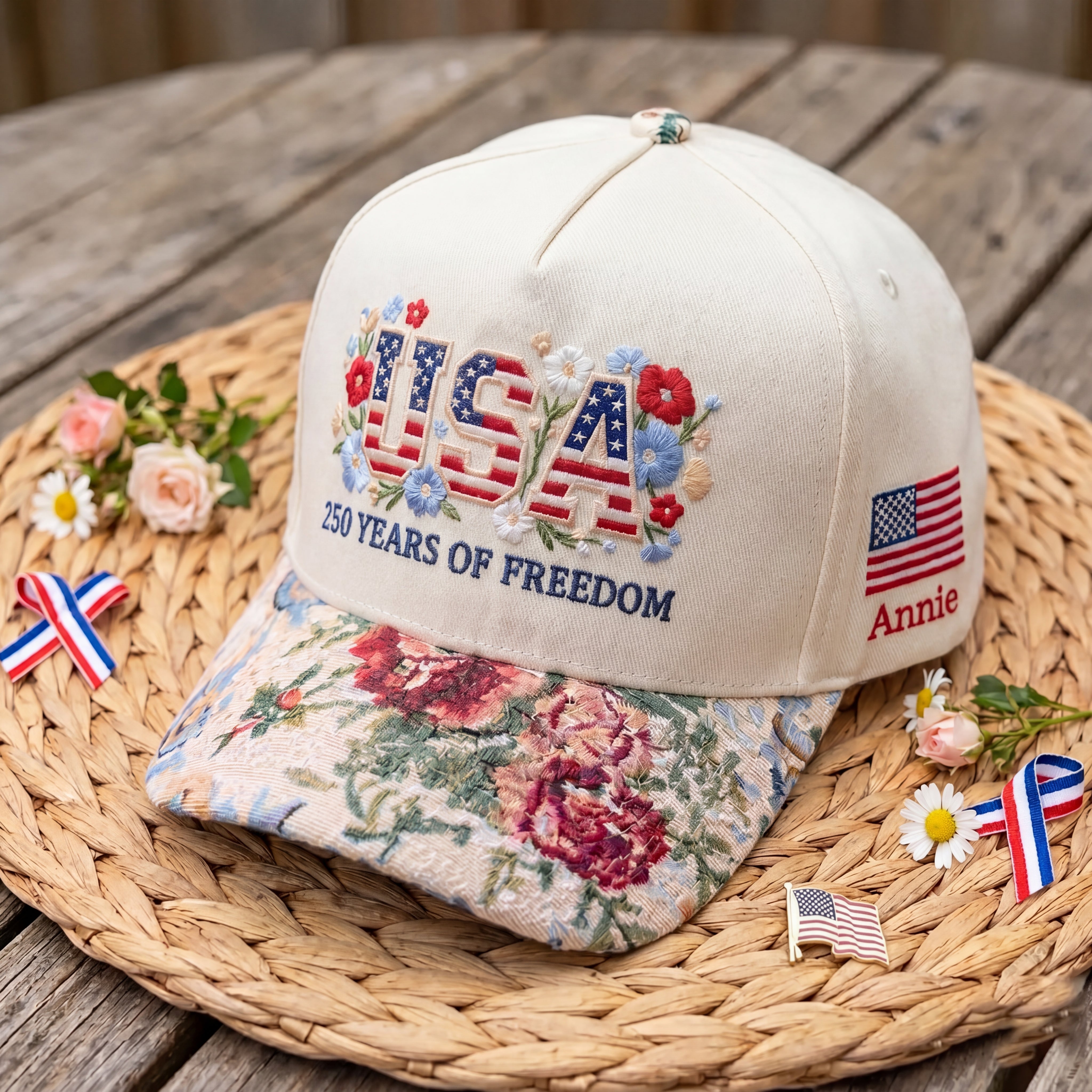 Custom Name USA Spring Floral Hat