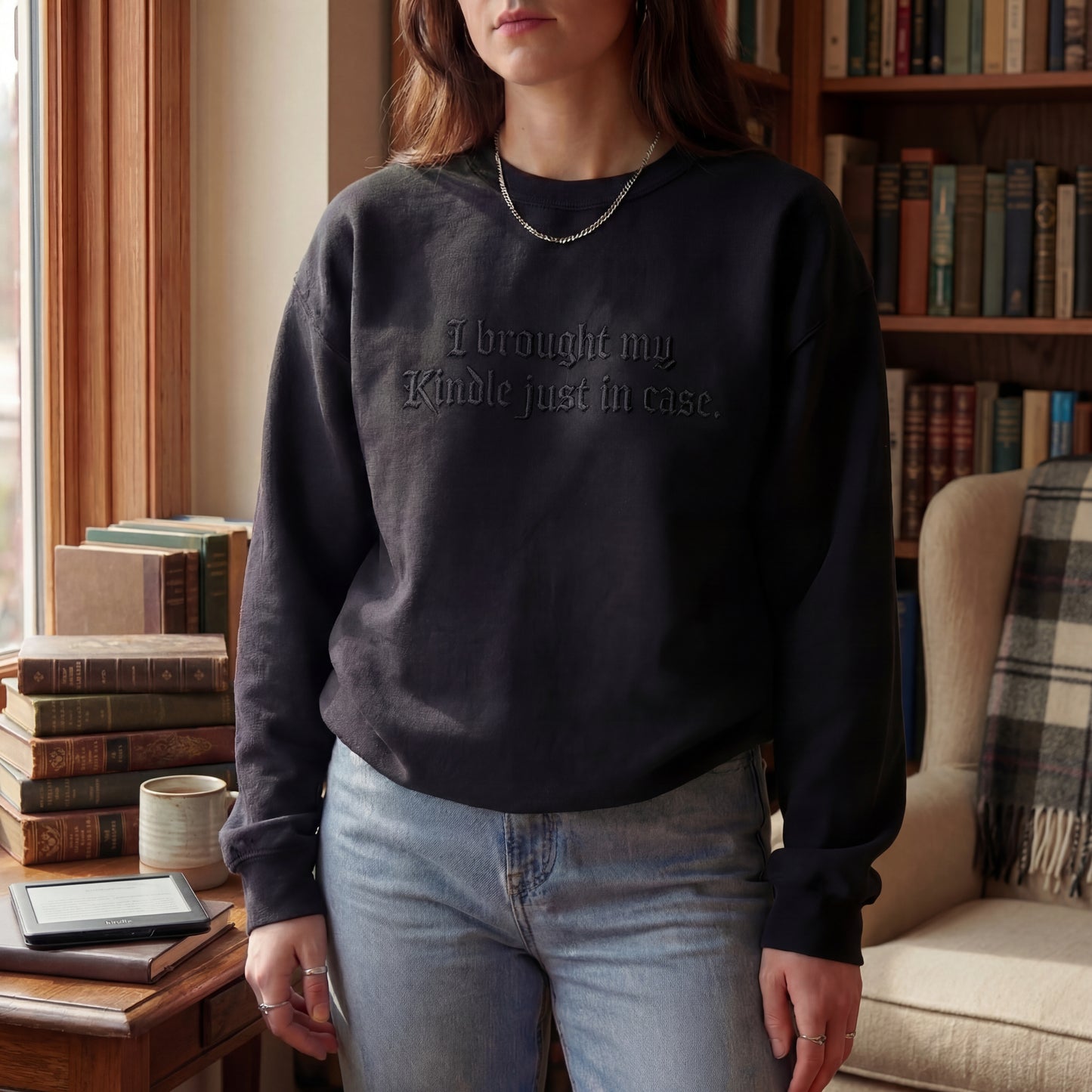 I Brought My Kindle In Just Case Embroidered Shirt