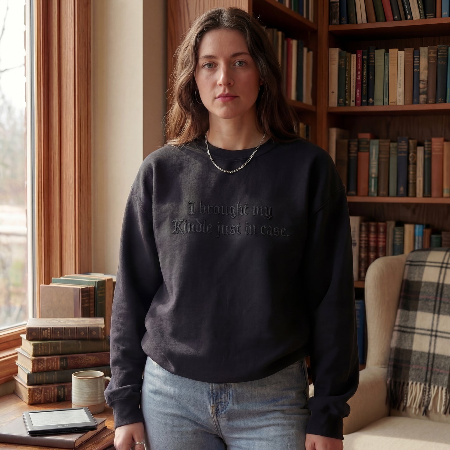 I Brought My Kindle In Just Case Embroidered Shirt