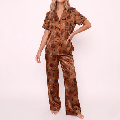 Spooky Pumpkin Satin Pajamas Embroidery