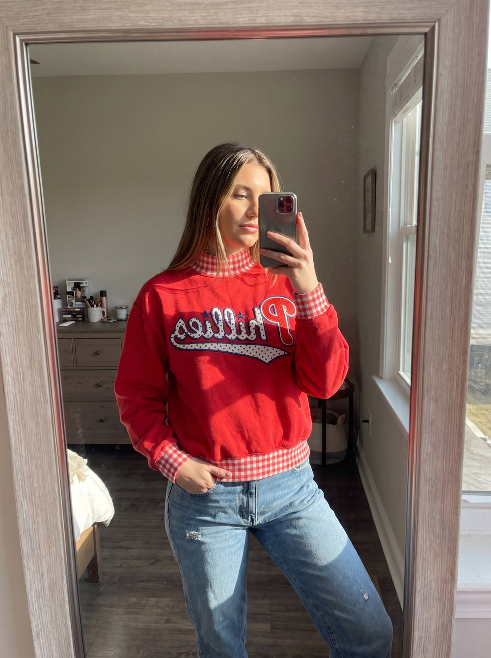 Mirror check before heading to the game.