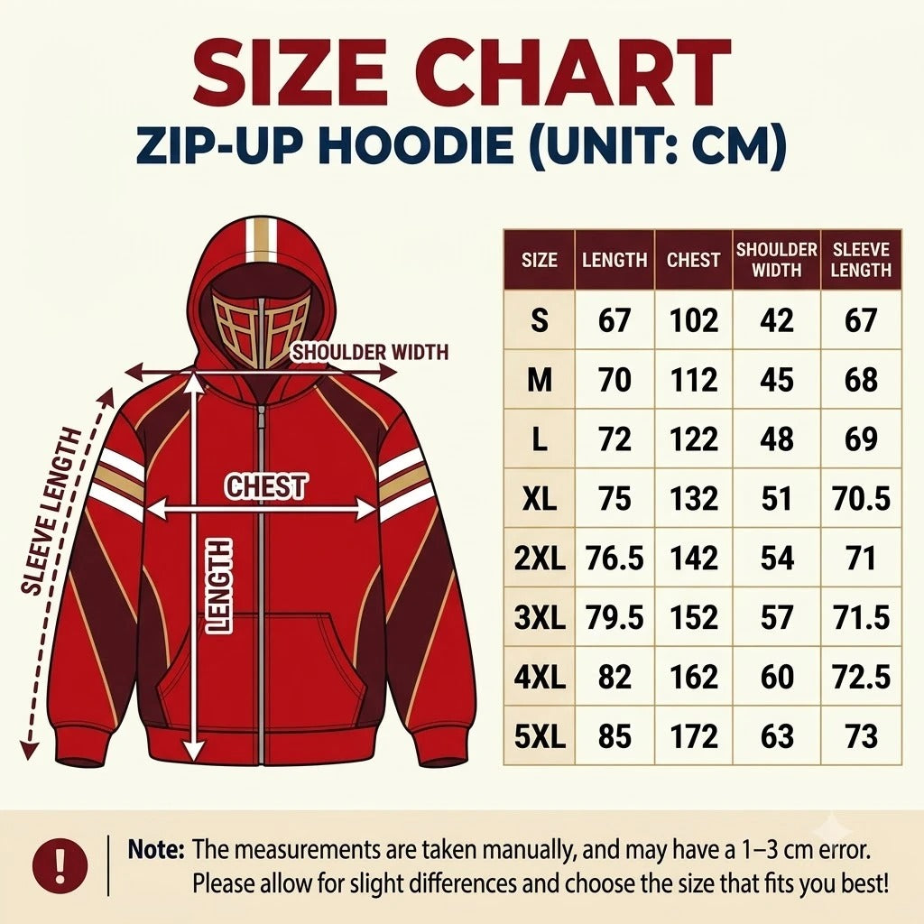 Zip-up hoodie size chart